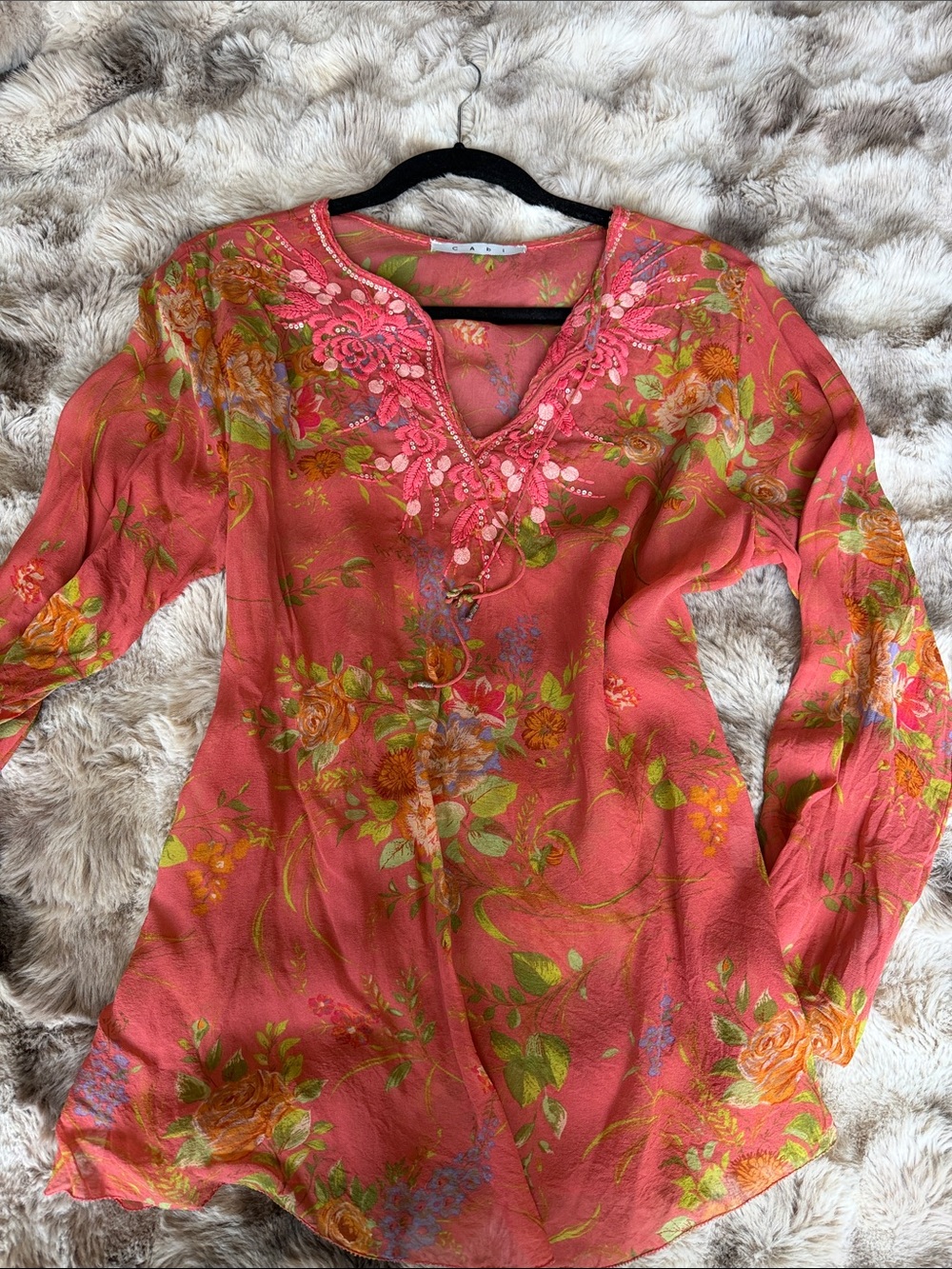 CAbi Coral and Yellow Floral Silk Top